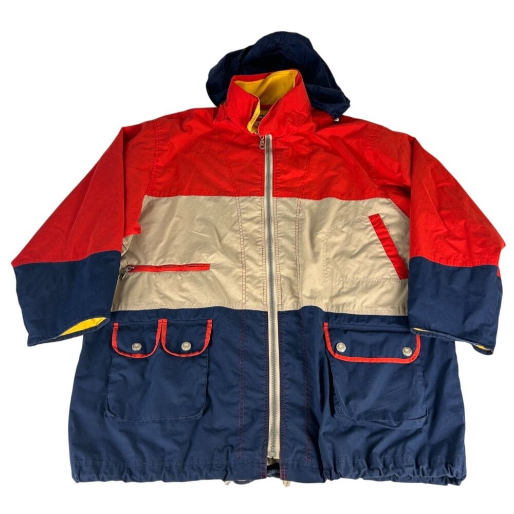 Avon Style Color Block Concealable Hood Jacket Men 2X Red Blue Drawstring Waist